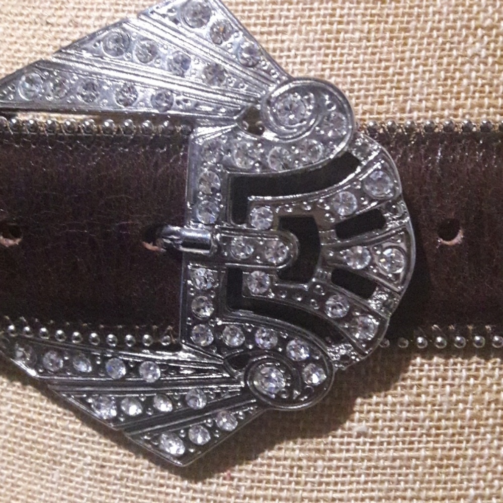 Brown Leather Belt L  w large Bling buckle
